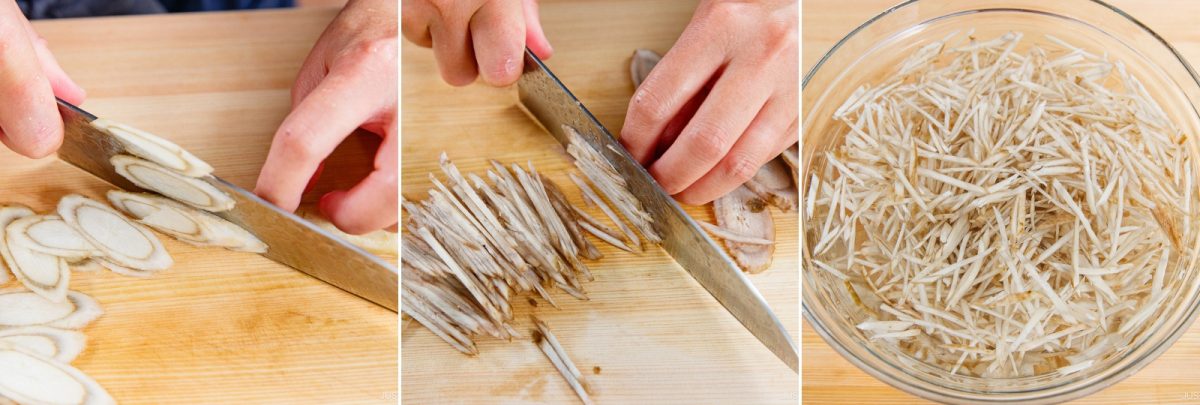 Three images show hands slicing burdock root for Kinpira Gobo (Braised Burdock Root): first into thin rounds, then into matchsticks, and finally the matchsticks soaking in a clear bowl of water.