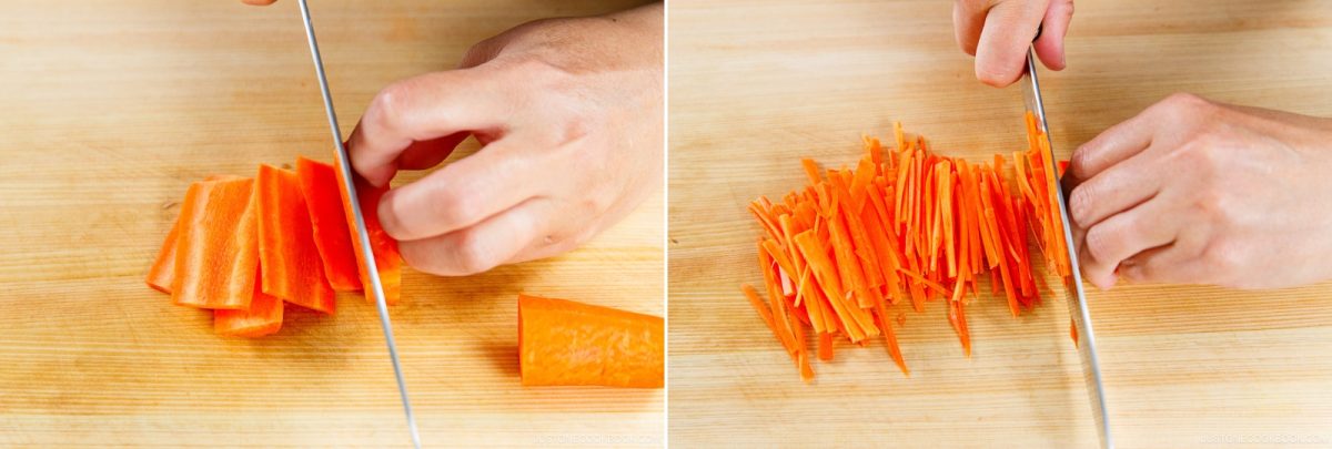 Two images side by side: hands slicing carrot sticks on a wooden cutting board, then finely julienning the carrot sticks with a knife&mdash;preparation steps often used when making Kinpira Gobo (Braised Burdock Root).