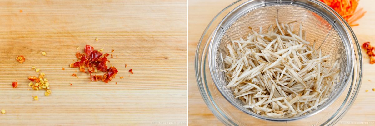 On the left, chopped red chili peppers with seeds on a wooden board. On the right, thinly sliced white root vegetables&mdash;perfect for making Kinpira Gobo (Braised Burdock Root)&mdash;rest in a mesh strainer over a glass bowl.