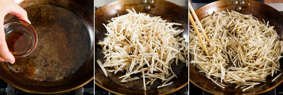 Three steps show a skillet: oil being added, shredded potatoes cooking, and then being stirred with chopsticks as they brown, much like the careful method used when preparing Kinpira Gobo (Braised Burdock Root).