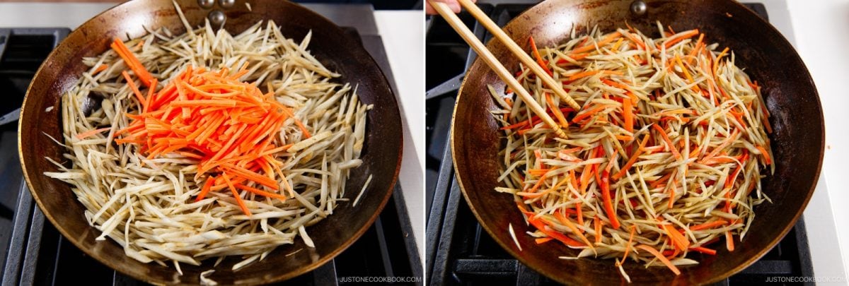 Two photos show a skillet on a stove as Kinpira Gobo (Braised Burdock Root) comes together. Left: matchstick-cut carrots are added to saut&eacute;ed burdock root. Right: the vegetables are being mixed together with chopsticks.