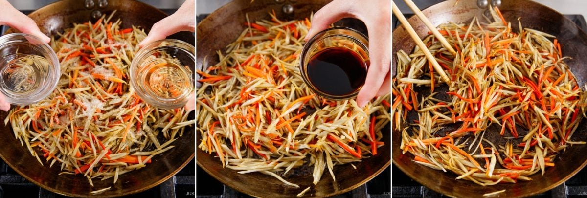 Three photos show julienned vegetables cooking in a pan, featuring the classic preparation of Kinpira Gobo (Braised Burdock Root). Water, then soy sauce, are being added by hand in the first two frames. The final image shows the vegetables being mixed with chopsticks.
