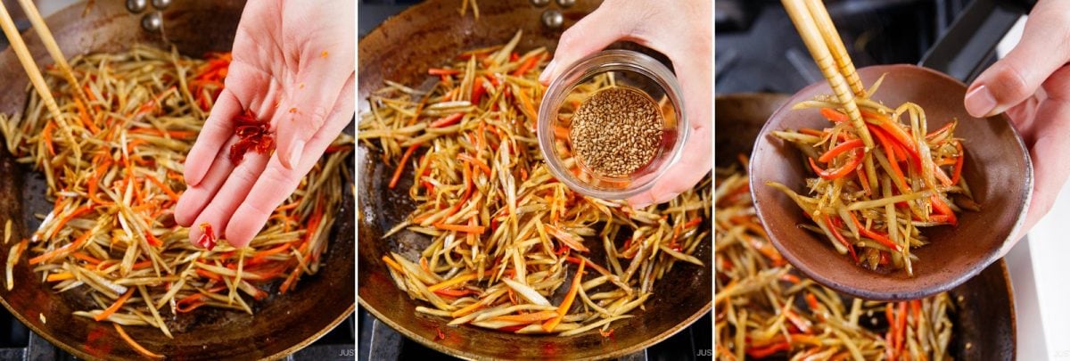 Three images show making Kinpira Gobo (Braised Burdock Root): adding chili to saut&eacute;ed burdock and carrot strips, sprinkling sesame seeds, then serving the finished dish in a small bowl with chopsticks.