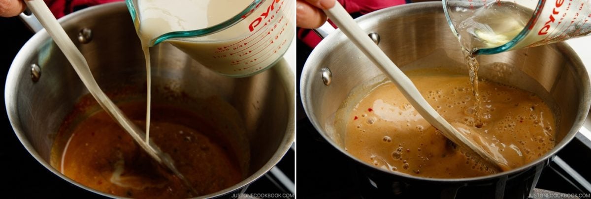 A two-part image showing cream being poured into a sauce in a pot, followed by liquid being poured into the same pot while a wooden spoon rests inside.