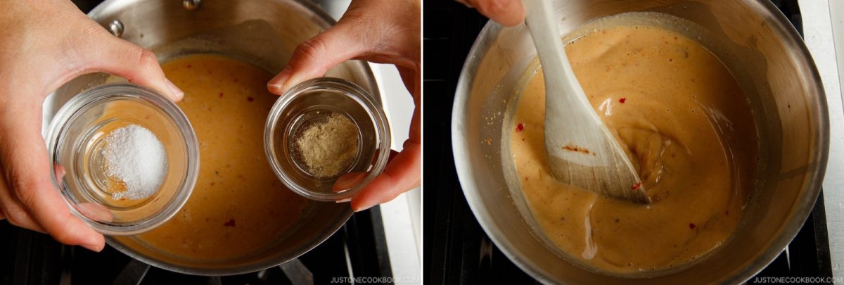 Hands holding small bowls of salt and pepper over a saucepan of sauce, followed by a wooden spatula stirring the sauce.
