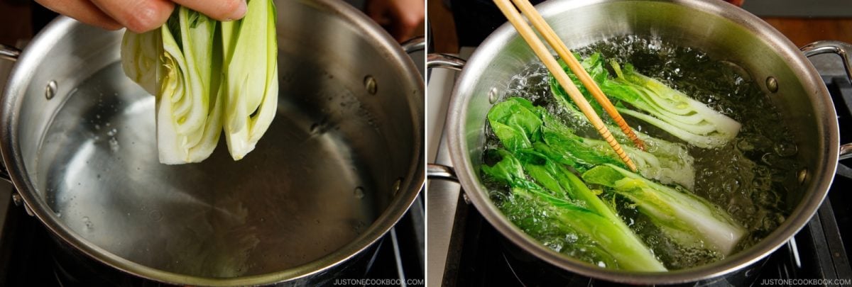 A split image showing bok choy being placed into a pot of boiling water and then stirred with chopsticks.