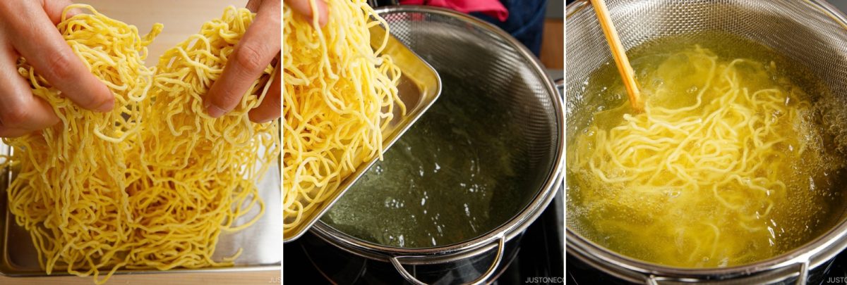 Three photos showing fresh yellow noodles being lifted from a tray, poured into a pot of boiling water, and stirred with chopsticks.