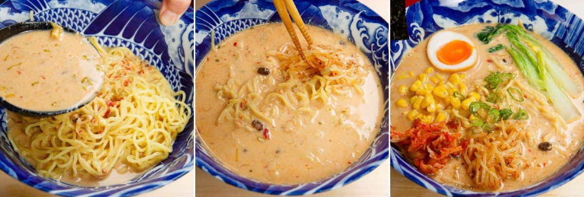 Three views of ramen in a blue patterned bowl: a ladle pouring broth over noodles, chopsticks stirring the broth, and the finished bowl topped with a soft-boiled egg, corn, bok choy, and kimchi.