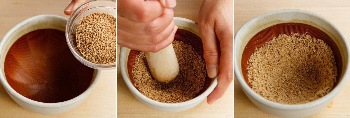 A three-part sequence showing sesame seeds being poured into a suribachi, ground with a wooden pestle, and finished as a crushed paste.