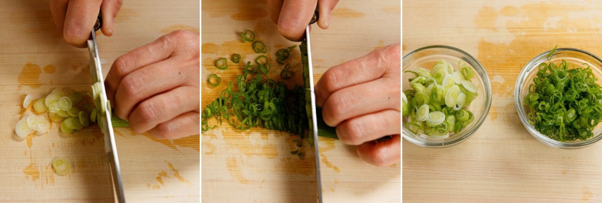 Three-panel image showing a person slicing green onions on a wooden cutting board, with the sliced pieces separated into two small glass bowls.