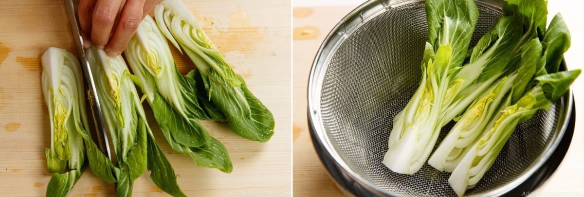 A hand uses a knife to slice bok choy on a cutting board, and the sliced pieces are placed in a metal colander.