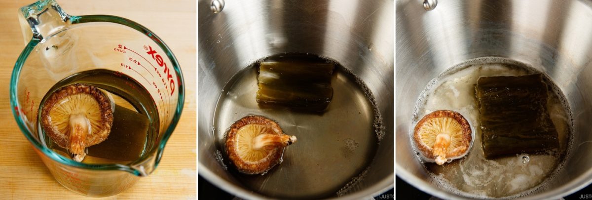 Three views of a shiitake mushroom and a piece of kombu soaking in water.