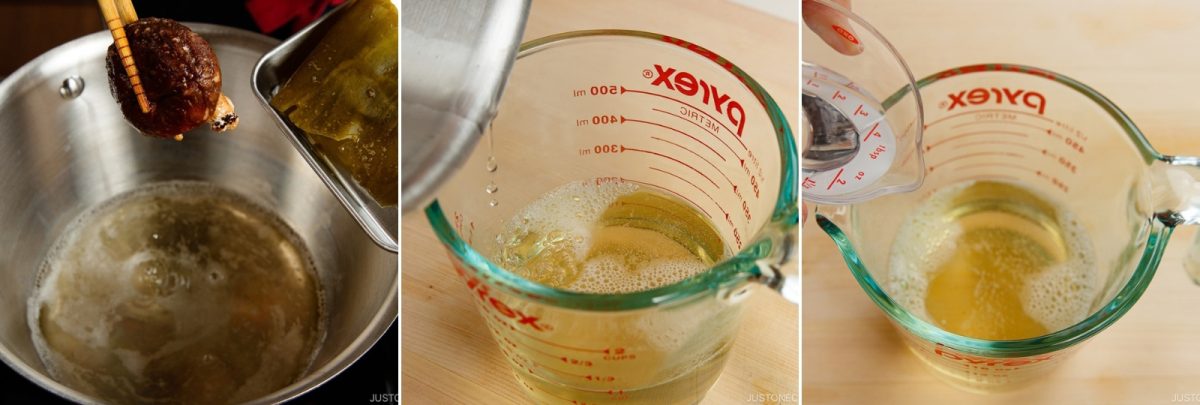 Three-panel image showing a mushroom and kelp being added to a pot of water, followed by liquid being poured into a measuring cup, and a smaller amount of liquid being added to the cup from a small measuring scoop.