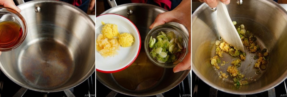 A three-part image showing oil, minced ginger and garlic, and sliced scallions being added to a stainless steel pot and stirred with a wooden spoon.