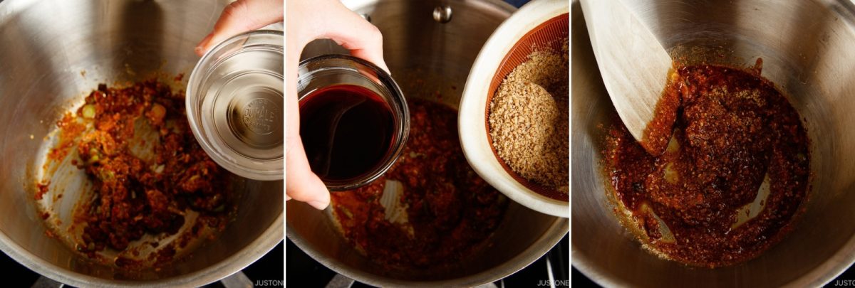 A three-part sequence showing a hand pouring clear liquid, then dark liquid and ground seeds into a stainless steel pot, followed by a wooden spoon stirring the mixture into a sauce.