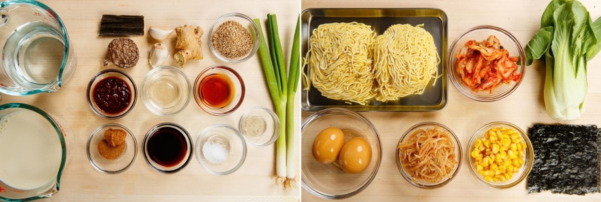 Ingredients for ramen displayed on a wooden surface, including noodles, broth components, aromatics, kimchi, eggs, corn, bok choy, and nori.