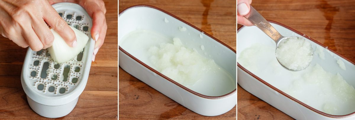 A hand grates an onion into a ceramic container, creating a pile of grated onion perfect for making wafu dressing, and then a spoon scoops some of it out.