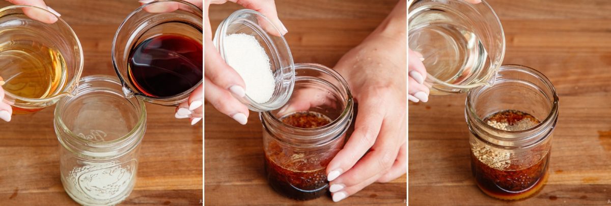 Three images show hands preparing wafu dressing by adding liquid and granulated ingredients into a glass jar on a wooden surface. The steps progress from pouring liquids to adding a white powder and another liquid, illustrating the process of making this flavorful Japanese-style sauce or marinade.