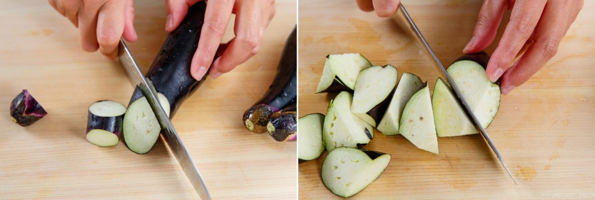 Two close-up images: hands slicing an eggplant into round pieces on the left, and then chopping the pieces into chunks on the right, both on a wooden cutting board&mdash;perfect prep steps for a delicious Miso Eggplant Stir-Fry.
