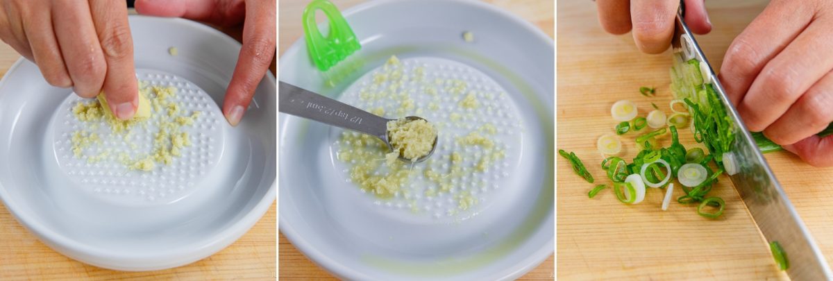 Three images: grating ginger on a ceramic plate, measuring grated ginger with a spoon, and slicing green onions on a cutting board with a knife&mdash;all essential steps in preparing ingredients for Miso Eggplant Stir-Fry.