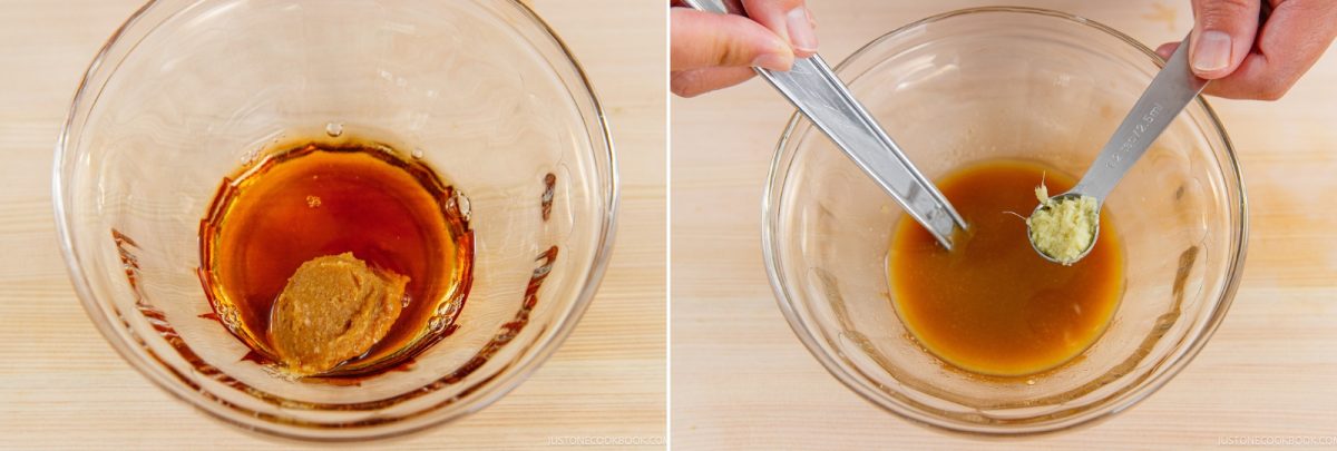 Two side-by-side images: Left shows miso paste and soy sauce in a glass bowl, essential ingredients for a flavorful Miso Eggplant Stir-Fry. Right shows a hand holding a measuring spoon with grated ginger over a bowl of mixed sauce, highlighting the bold flavors that bring this dish to life.