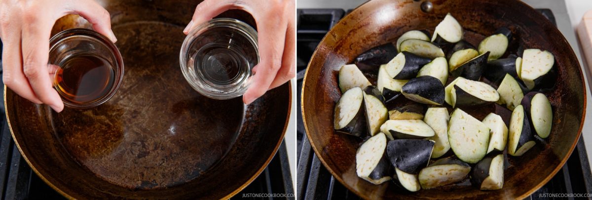 Two images: On the left, hands pour liquids from two small bowls into a skillet for a flavorful Miso Eggplant Stir-Fry. On the right, chopped eggplant pieces cook in the same skillet on a stovetop.