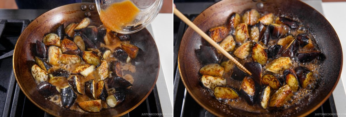 Two photos show Miso Eggplant Stir-Fry cooking in a skillet. In the first, sauce is being poured in. In the second, the eggplant is being stirred with a wooden utensil as the savory mixture simmers.