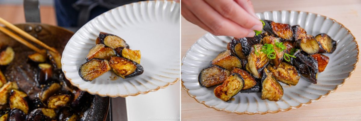 Two images: left shows cooked eggplant pieces being plated with chopsticks&mdash;capturing the savory essence of a Miso Eggplant Stir-Fry; right shows a hand sprinkling chopped green onions on top of the plated eggplant.