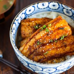 A bowl of steamed rice topped with glazed catfish kabayaki fillets, garnished with sesame seeds and chopped green onions, served with a bowl of soup and chopsticks on the side.