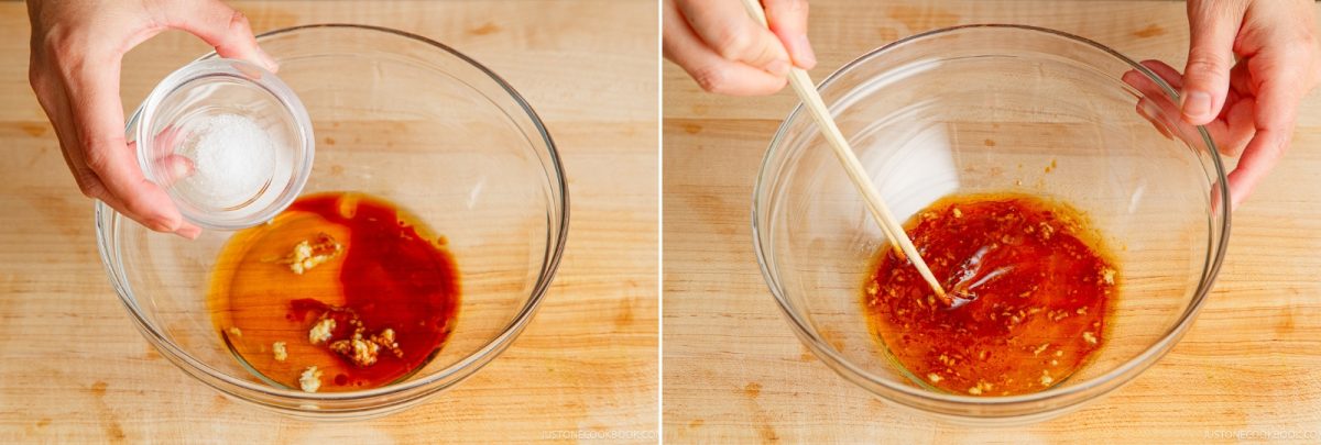 Two-panel image: Left shows a hand adding salt to a bowl with sauce and garlic for a Bean Sprout Salad; right shows a hand stirring the mixture with chopsticks.