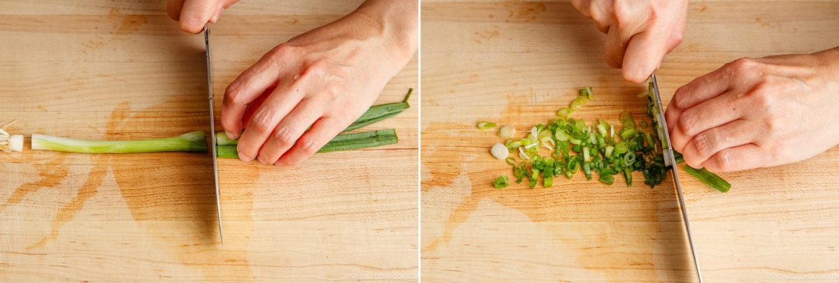 Two side-by-side images show hands chopping green onions on a wooden cutting board: the left image shows slicing lengthwise, while the right demonstrates finely dicing&mdash;perfect techniques for preparing toppings for dishes like Bean Sprout Salad.