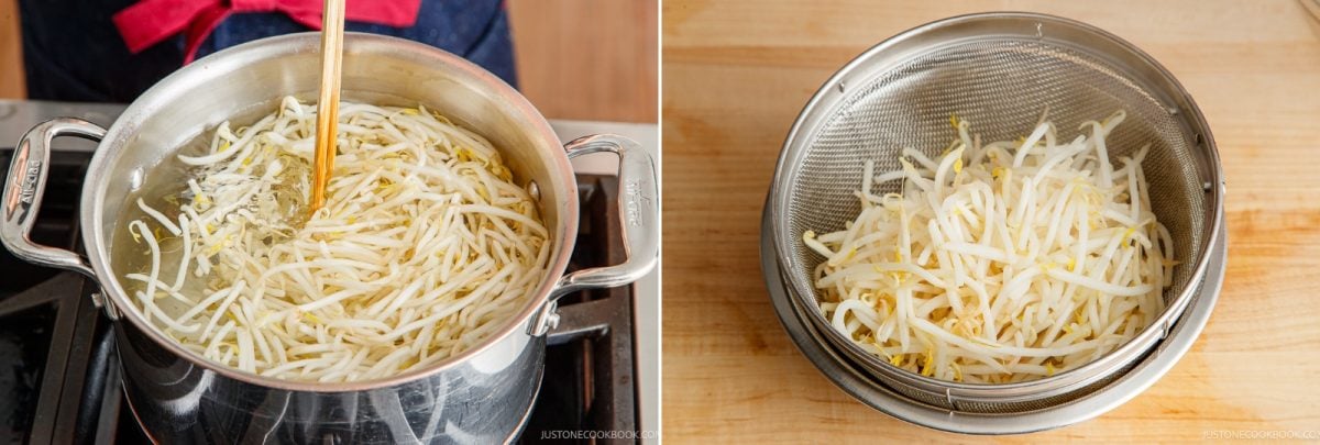 A pot of bean sprouts being boiled on the right, and blanched bean sprouts draining in a mesh strainer on the left, both on a wooden surface&mdash;perfectly prepped for a fresh Bean Sprout Salad.