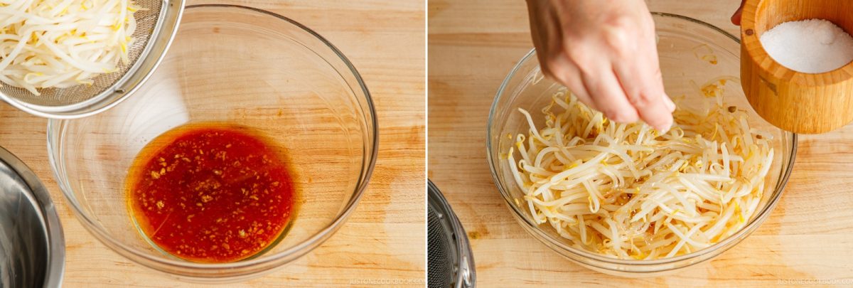 Two-panel image: Left, Stirring bean sprouts in a pot of boiling water with chopsticks to blanch them for bean sprout salad. Right, blanched bean sprouts draining in a fine-mesh sieve on a wooden board for bean sprout salad.