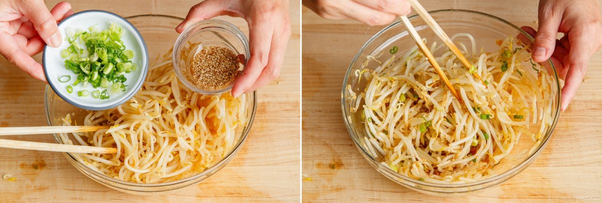 Two images: On the left, hands add chopped green onions and sesame seeds to a bowl of bean sprouts for a fresh Bean Sprout Salad. On the right, bean sprouts are mixed with chopsticks, blending the ingredients together.