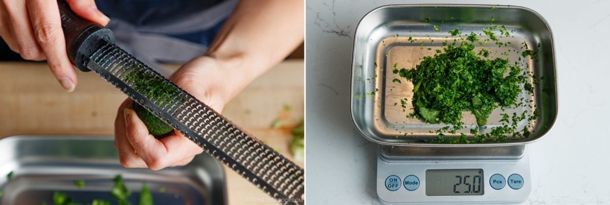 A person grates green zest from a lime, with the zest being weighed on a digital kitchen scale showing 21.9 grams&mdash;perfect for adding vibrant citrus flavor to your next Yuzu Kosho recipe.