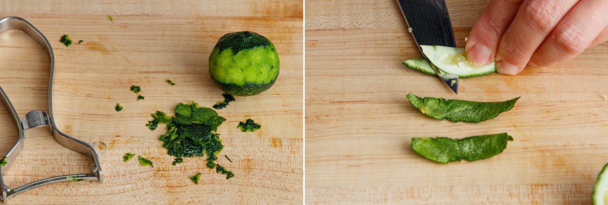 A cut lime with zest and a peeler on a wooden board, and a hand slicing lime peel strips with a knife on the same board&mdash;essential preparation steps for an authentic Yuzu Kosho recipe.
