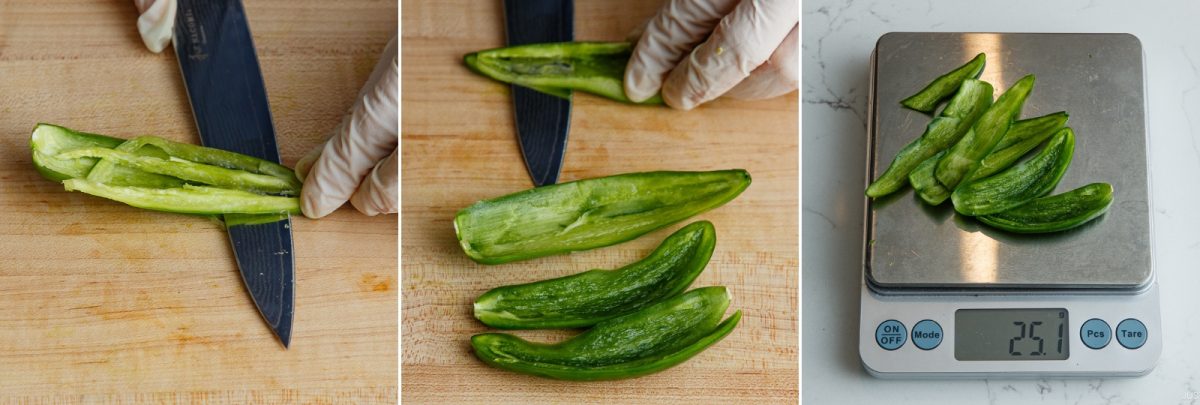 Three images: slicing and deseeding a green pepper with a knife on a cutting board&mdash;a key step in preparing ingredients for Yuzu Kosho Recipe&mdash;the pepper halves displayed, and the halves weighed on a digital scale showing 25.7 grams.