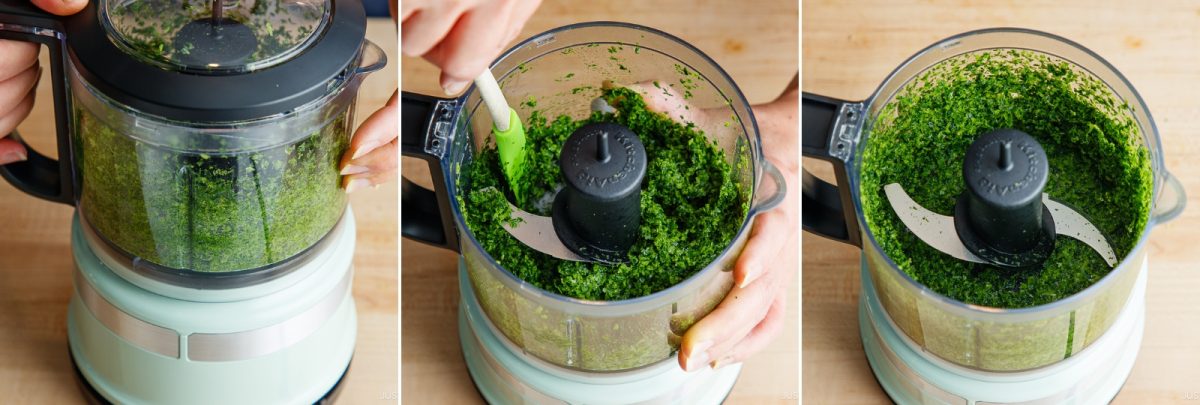 Three images show hands using a food processor to blend green herbs for a Yuzu Kosho Recipe, then scraping the mixture down with a spatula, and finally the finely chopped herbs inside the processor.