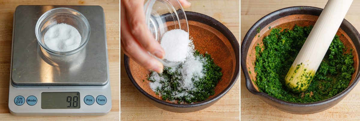 Three photos illustrate the Yuzu Kosho Recipe: sugar is weighed on a scale in a glass bowl, poured into a bowl of green herbs, then mixed and mashed with a wooden pestle until combined.