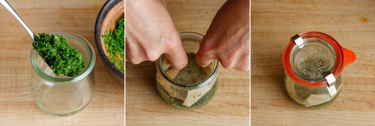 Three panels showing: spooning green herb paste into a glass jar, pressing the paste down with fingers, and sealing the jar with a glass lid and metal clasp&mdash;perfect steps for preparing a homemade Yuzu Kosho Recipe.