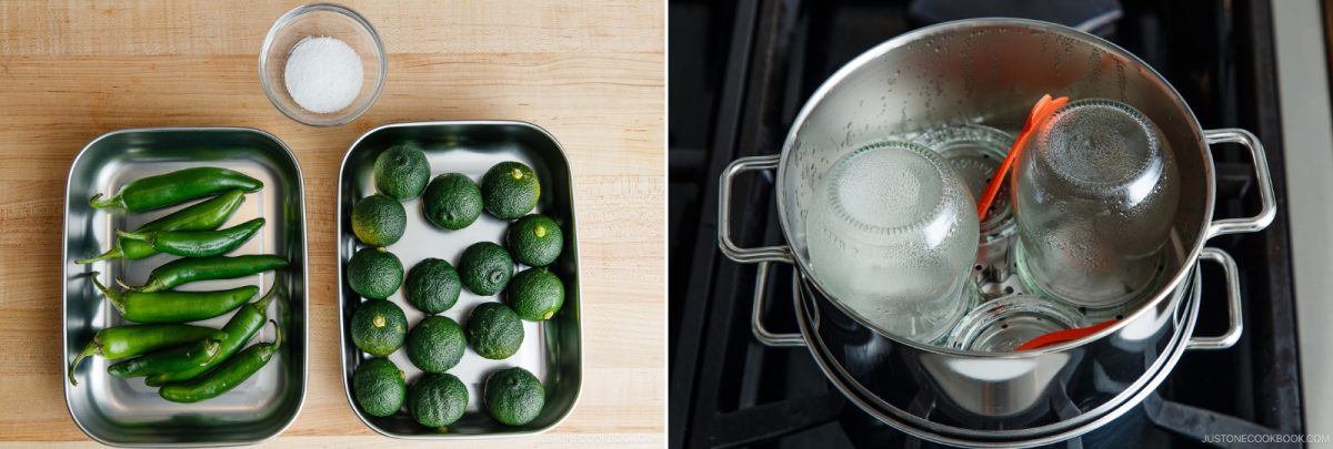On the left: fresh green chilies, limes, and a bowl of salt on a wooden surface&mdash;perfect ingredients for a homemade Yuzu Kosho Recipe. On the right: glass jars being sterilized in boiling water in a pot on a stove.