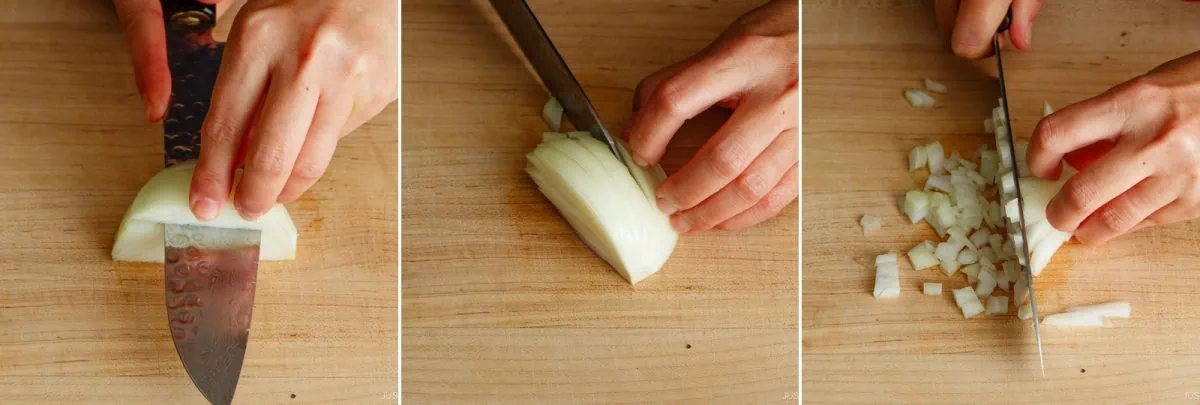 Three images show hands chopping an onion for omurice: slicing it in half, cutting vertical slices, then dicing into small pieces on a wooden cutting board.