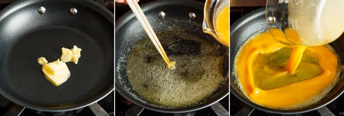 Three-panel image: butter melting in a skillet, butter fully melted while being stirred, and beaten eggs&mdash;perfect for omurice&mdash;being poured into the hot skillet.