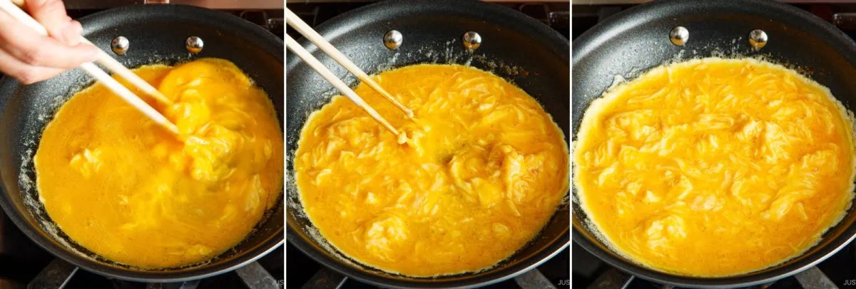 Three side-by-side images show eggs being gently stirred and cooked in a nonstick skillet, gradually turning from liquid to soft, creamy scrambled eggs reminiscent of the delicate texture found in Japanese omurice.