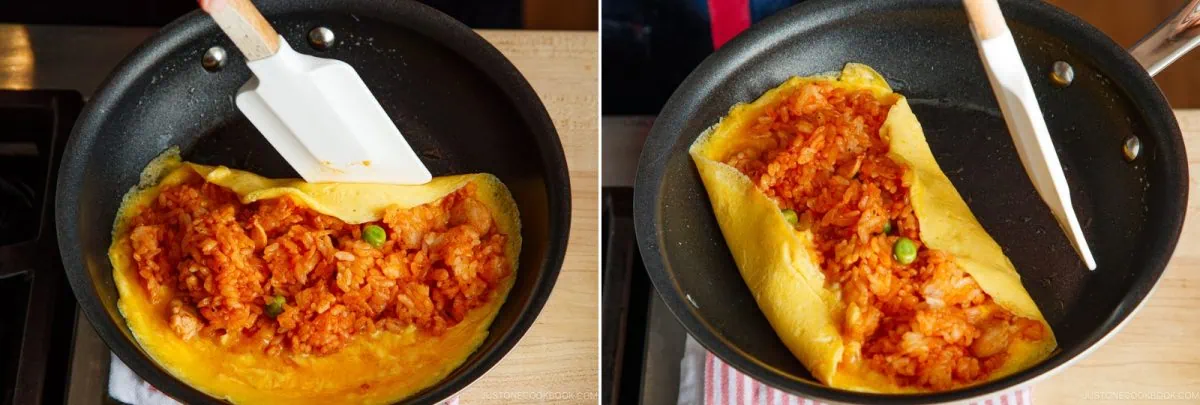 A two-panel image shows a spatula folding an omurice omelette filled with fried rice and green peas in a black skillet on a stovetop.