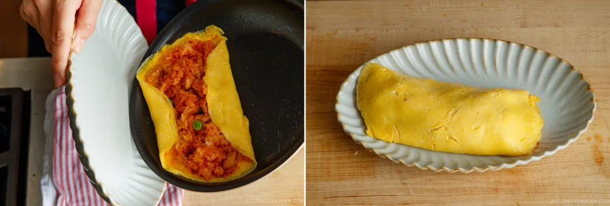A two-panel image: left, a hand slides a rice-filled omurice from a pan onto a plate; right, the finished omurice rests neatly on a white, scalloped plate atop a wooden surface.