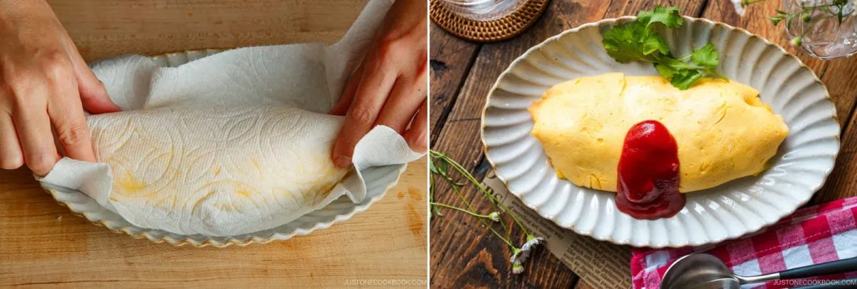 Left: Hands covering an omurice omelette with a paper towel. Right: A finished omurice topped with ketchup, served on a plate with herbs on a wooden table next to a red checkered napkin and a fork.