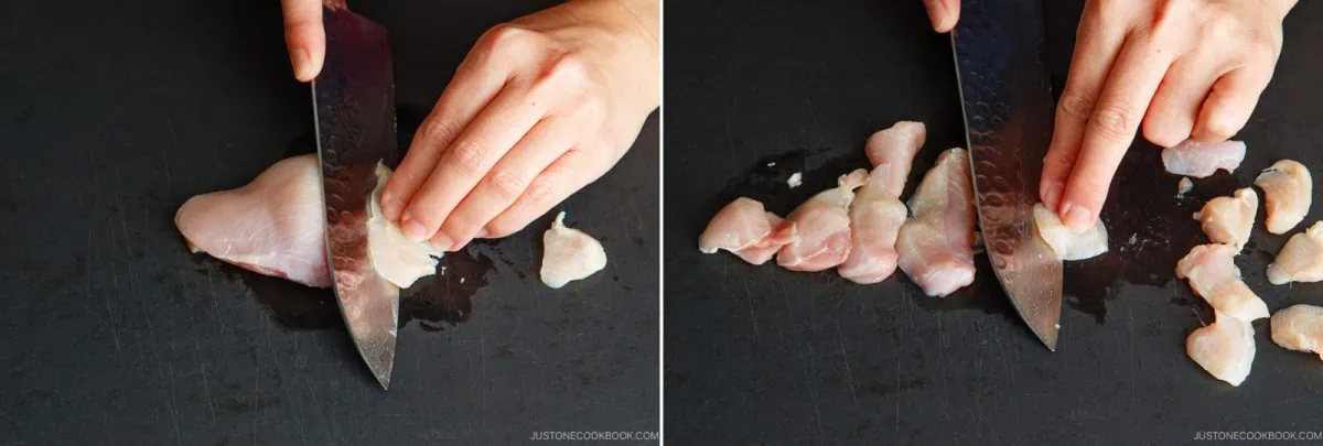 Two images side by side show hands slicing raw chicken breast into small pieces on a dark cutting board with a large kitchen knife, preparing the meat for omurice.