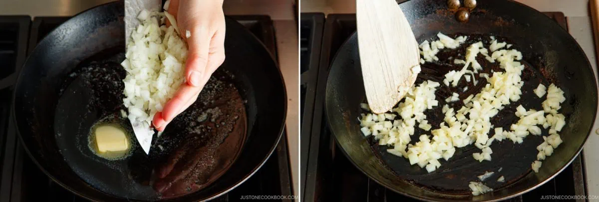 Two images: onions being added to a pan with melted butter on the left, then being stirred with a spatula while saut&eacute;ing on the right&mdash;the perfect first steps for making savory omurice.