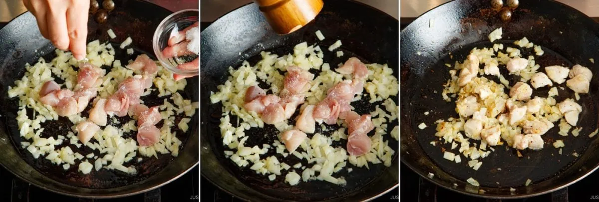 Three-step collage: diced onions and raw chicken added to a skillet for omurice, seasoned, then cooked together until browned.